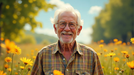 An elderly man with a cheerful smile stands amidst a field of bright wildflowers under a clear blue sky. The sun shines gently, illuminating the flowers and creating a serene atmosphere.の素材