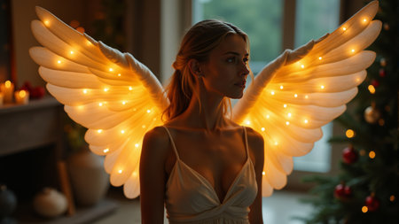 A graceful figure with luminous angel wings stands amidst a dreamy atmosphere, exuding an ethereal charm. Warm lights twinkle softly, enhancing the enchanting mood of a festive evening.の素材