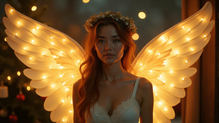 A graceful figure with luminous angel wings stands amidst a dreamy atmosphere, exuding an ethereal charm. Warm lights twinkle softly, enhancing the enchanting mood of a festive evening.の素材
