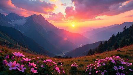 Sunset casts a warm golden light over majestic mountains, while vibrant flowers carpet the valley below. Clouds lazily drift, adding depth to the serene and picturesque scene.の素材