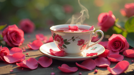 A pink floral teacup filled with tea sits on a delicate saucer, surrounded by vibrant rose petals and a single rose. Sunlight filters through, creating a warm, inviting atmosphere.の素材