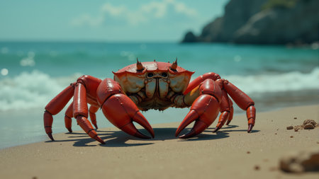 A vibrant red crab scuttles along a sandy shore, its claws raised playfully.の素材