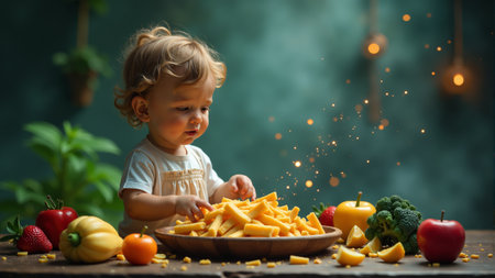 A young child sits contentedly in a lush garden, engaging with vivid orange petals scattered around. Sunlight filters through trees, creating a whimsical atmosphere filled with nature's beauty.の素材
