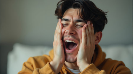 A young man with tousled hair sits on a bed, his hands covering his face in a moment of intense frustration. The soft lighting creates a serene but contrasting atmosphere, reflecting his emotions.の素材