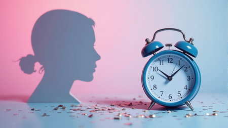 A young girl's silhouette stands against a gradient pink and blue background next to a vintage alarm clock, symbolizing the passage of time and the journey of growing up amidst scattered glitter.の素材