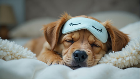 A fluffy golden puppy peacefully doses off, wearing a delightful eye mask. The cozy atmosphere and soft blanket enhance the calmness of this serene afternoon moment, showing pure cuteness.の素材