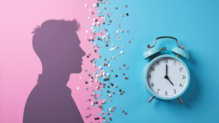 A striking silhouette of a man contrasts against a pink background, while a vintage alarm clock rests nearby on a teal surface.の素材