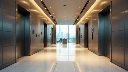 A spacious elevator lobby features polished marble floors and elegant lighting. Large windows showcase a stunning city skyline, offering a glimpse of urban life outside.の素材