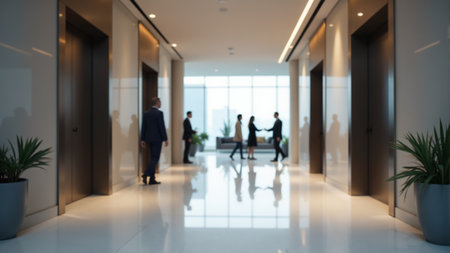 A spacious elevator lobby features polished marble floors and elegant lighting. Large windows showcase a stunning city skyline, offering a glimpse of urban life outside.の素材