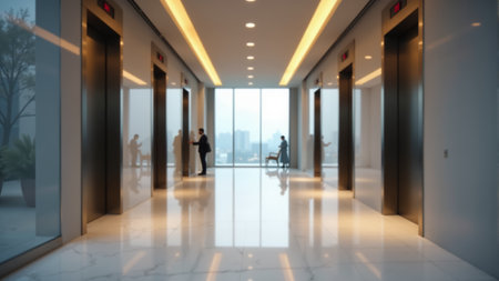 An elegant corridor filled with natural light features sleek elevators. Professionals engage in conversation while a serene atmosphere invites creativity in a modern office building.の素材