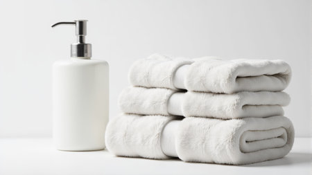 A neatly arranged stack of fluffy white towels sits beside a sleek soap dispenser, casting a minimalist elegance. The soft textures and clean lines evoke a serene and inviting atmosphere.の素材