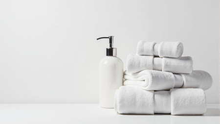 A neatly arranged stack of fluffy white towels sits beside a sleek soap dispenser, casting a minimalist elegance. The soft textures and clean lines evoke a serene and inviting atmosphere.の素材