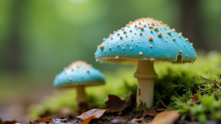 Two striking blue mushrooms emerge from a bed of moss in a serene forest. The sunlight filters through the trees, highlighting their unique colors and delicate textures, creating a magical atmosphere.の素材
