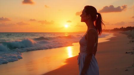 As the sun begins to set, a woman walks leisurely along the shoreline, casting a long shadow. Waves gently lap at her feet while others enjoy the tranquil evening by the water.の素材