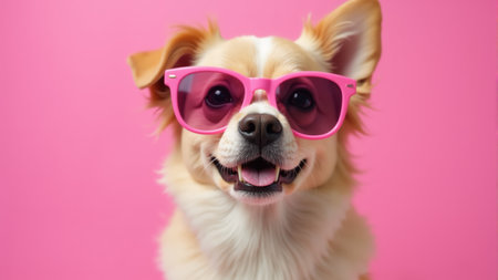A cheerful dog smiles widely while sporting stylish pink sunglasses. The playful atmosphere is enhanced by a bright pink backdrop, radiating joy and fun.の素材