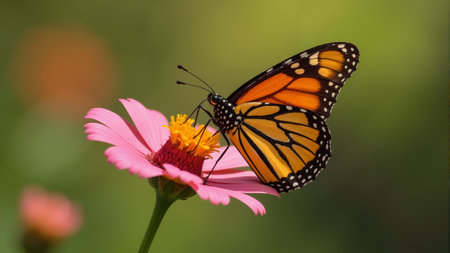 A beautiful monarch butterfly perches delicately on a bright orange flower, basking in the warm sunlight. The lush greenery in the background adds to the serene atmosphere.の素材
