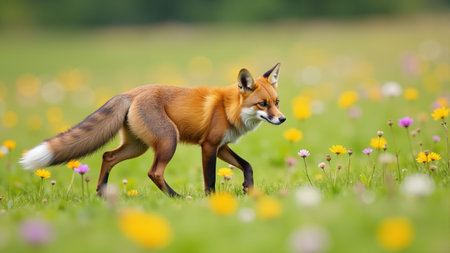 A beautiful red fox gracefully wanders through a colorful meadow filled with various wildflowers. Sunlight dances on its fur as it enjoys the serene atmosphere of spring.の素材