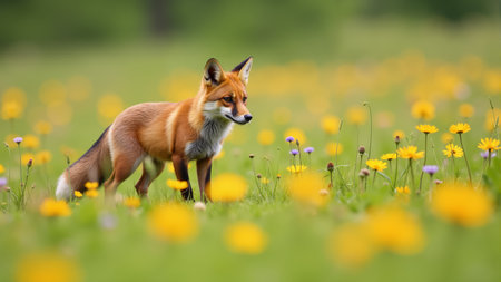 A beautiful red fox gracefully wanders through a colorful meadow filled with various wildflowers. Sunlight dances on its fur as it enjoys the serene atmosphere of spring.の素材