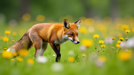 A beautiful red fox gracefully wanders through a colorful meadow filled with various wildflowers. Sunlight dances on its fur as it enjoys the serene atmosphere of spring.の素材