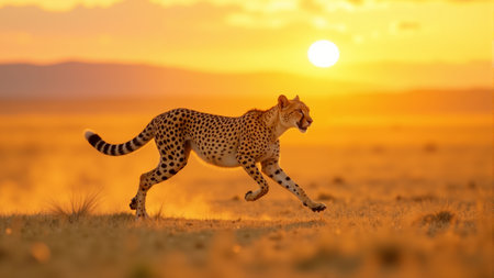 A magnificent cheetah dashes through the sunlit grasslands, its sleek body silhouetted against a vibrant sunset. The moment captures the beauty of the wild and the speed of this incredible predator.の素材