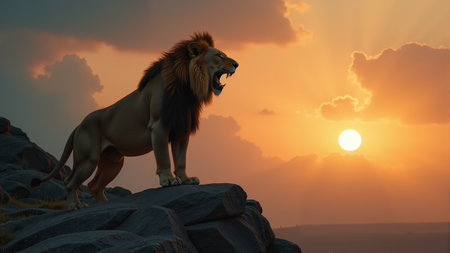 A powerful lion stands proudly on a rocky outcrop, its mane illuminated by the warm glow of a setting sun. Rays of light pierce through the clouds, enhancing the dramatic atmosphere.の素材