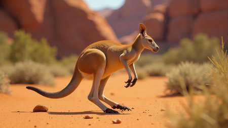 In the warm afternoon sun, a kangaroo bounds down a dusty path, surrounded by vibrant desert grasses and striking red rock formations, showing Australia's natural beauty.の素材