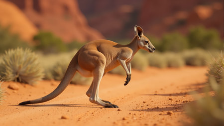 In the warm afternoon sun, a kangaroo bounds down a dusty path, surrounded by vibrant desert grasses and striking red rock formations, showing Australia's natural beauty.の素材