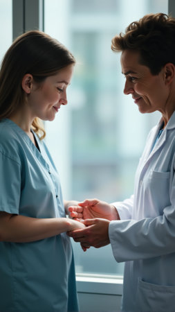 In a modern clinic, a caring healthcare provider interacts warmly with a patient.の素材