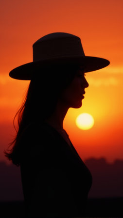 A striking silhouette of a woman wearing a wide-brimmed hat stands in profile, set against a breathtaking sunset. The golden sun casts a warm glow, enhancing the tranquil mountains in the background.の素材