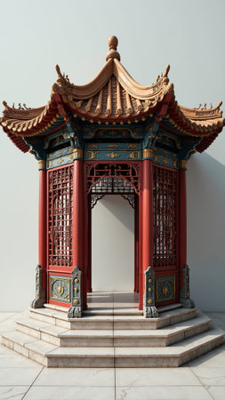 Nestled in a tranquil outdoor space, this ornate gazebo features vibrant colors and intricate carvings. Its elegant structure invites relaxation and contemplation in a peaceful atmosphere.の素材