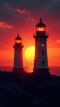 A striking lighthouse stands tall against a vivid orange and red sunset, casting light onto the calm waters. The sun dips below the horizon, reflecting peaceful serenity in the sky.の素材
