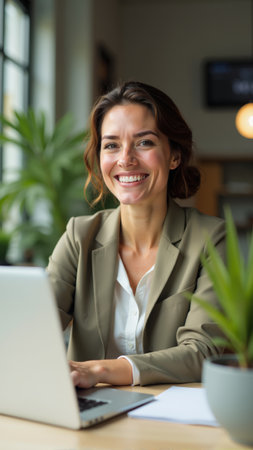 A cheerful woman sits at her wooden desk, engaged in work on her laptop. Sunlight pours in through large windows, illuminating her bright smile and the greenery filling the workspace.の素材
