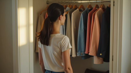 A young woman stands thoughtfully in front of an organized wardrobe, contemplating which outfit to wear for the day. Soft morning light filters through the room, enhancing the calm atmosphere.の素材