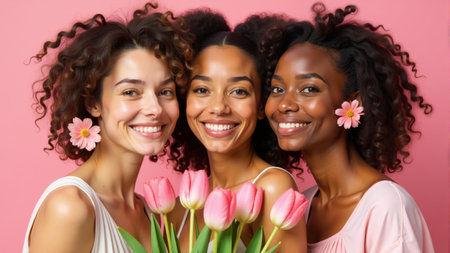 Three women with beautiful curly hair beam with smiles while holding pink tulips. Adorned with flowers in their hair, they embody joy and the spirit of togetherness in a bright, cheerful setting.の素材