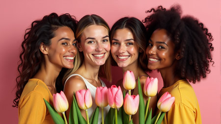 Three women with beautiful curly hair beam with smiles while holding pink tulips. Adorned with flowers in their hair, they embody joy and the spirit of togetherness in a bright, cheerful setting.の素材