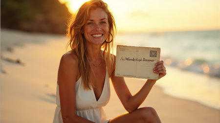A young woman sits on a sandy beach at sunset, holding a postcard that reads Wanderlust Dreamer. The golden light reflects off the water, creating a serene atmosphere of hope and adventure.の素材