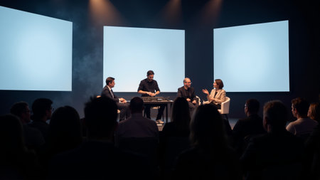 A speaker passionately addresses the audience during a conference, discussing the evolution of music. The setting is modern, with a focus on creativity and innovation in the industry.の素材