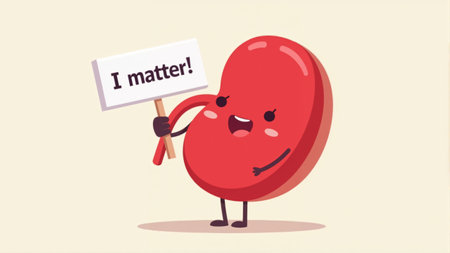 A cheerful red kidney bean character stands proudly, holding a sign that reads I matter! The playful design radiates joy and promotes self-worth, capturing attention with its friendly demeanor.の素材