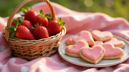 A charming picnic setup features a basket of red strawberries beside a wooden board adorned with sweet heart-shaped cookies, all set against a soft pink blanket in a lush green field, inviting joy.の素材