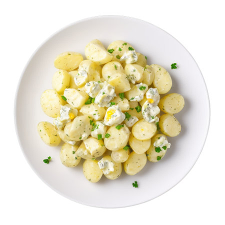 A delicious bowl of creamy potato salad features tender potatoes mixed with a tangy dressing, fresh herbs, and sprinkled with vibrant green garnish for a refreshing taste.の素材