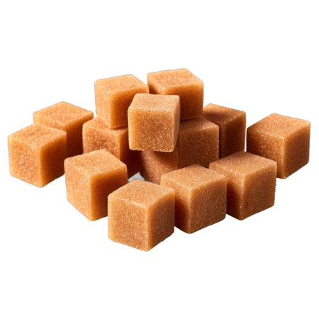 Brown sugar cubes stacked on a white surface for culinary use and decorationの素材