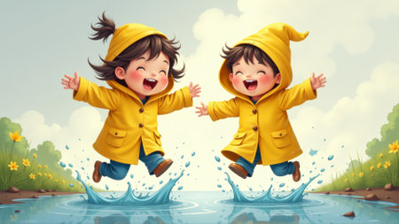 Excitement fills the air as two twin children donning vibrant yellow raincoats jump joyfully in muddy puddles, laughter echoing under a clear blue sky illuminated by the sun.の素材