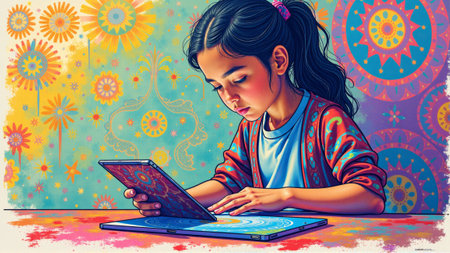 A talented child focuses intently on her digital artwork, skillfully illustrating intricate designs on a tablet while colorful flowers bloom in the background, symbolizing creativity and imagination.の素材