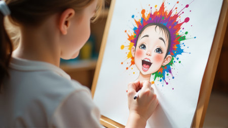 A child passionately paints a joyful portrait with a playful burst of colors. The studio is filled with an atmosphere of creativity and enthusiasm as the young artist expresses herself.の素材