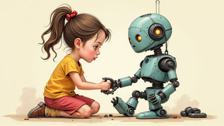 In a playful atmosphere, a young girl interacts with a friendly robot, sharing a moment of curiosity and connection. Both are engaged in an innocent game, fostering imagination and wonder.の素材