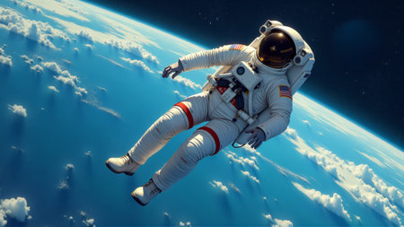 An astronaut floats peacefully in the vacuum of space, giving a thumbs-up while suspended above a stunning view of Earth. The blue planet glimmers in the distance, surrounded by white clouds.の素材