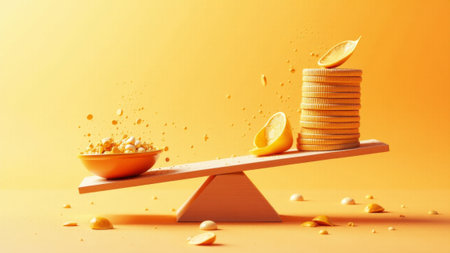 A wooden scale highlights the balance between stacked coins and a dollar sign. This thoughtful representation emphasizes financial planning and decision-making, illuminated by warm golden light.の素材