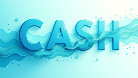 Vibrant aquamarine waves flow around the eye-catching word cash, creating a lively and dynamic visual representation of financial themes, ideal for contemporary finance discussions.の素材