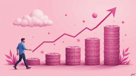A young man strides confidently towards stacked coins, symbolizing financial success. An upward arrow emphasizes growth against a lively pink backdrop adorned with playful clouds and shapes.の素材