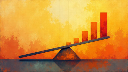 Two figures weigh their ambitions against the essence of life, with warm hues symbolizing hope and complexity in a visually striking environment inspired by abstract art.の素材